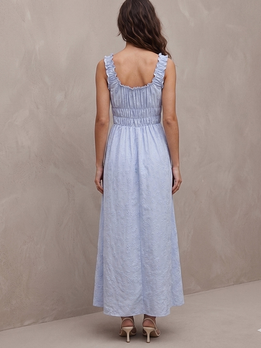 Blue Square Neck Textured Flared Dress
