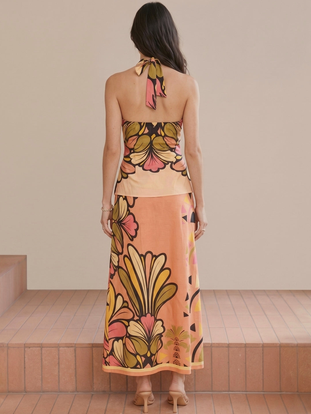 Peach Cross Halter Neck Top And Pant Set