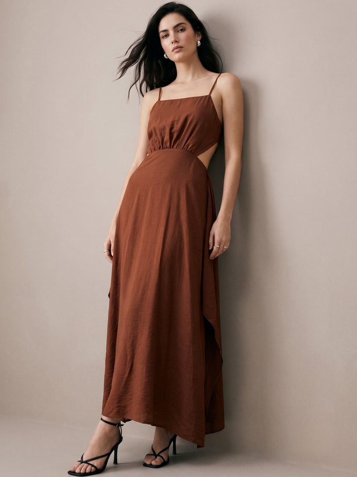 Brown Strappy Dress With Below Waist Tie Up Detail