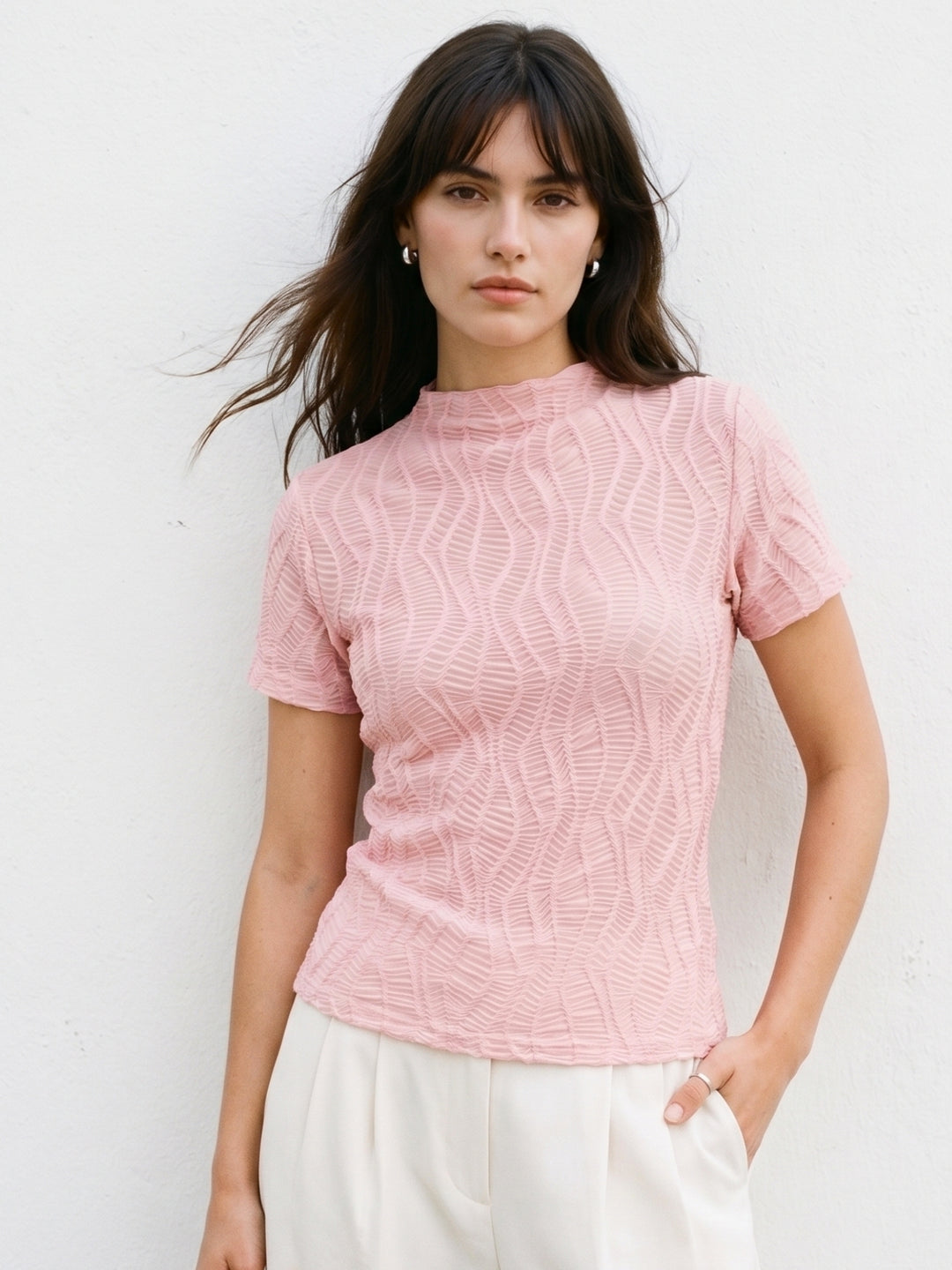 Pink Textured High Neck Fitted Top