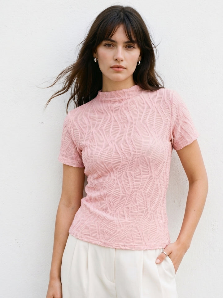 Pink Textured High Neck Fitted Top