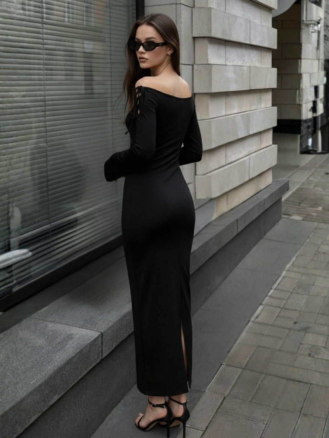 Black Off-Shoulder Dress With Gladiator Tie Up Detail On Sleeve