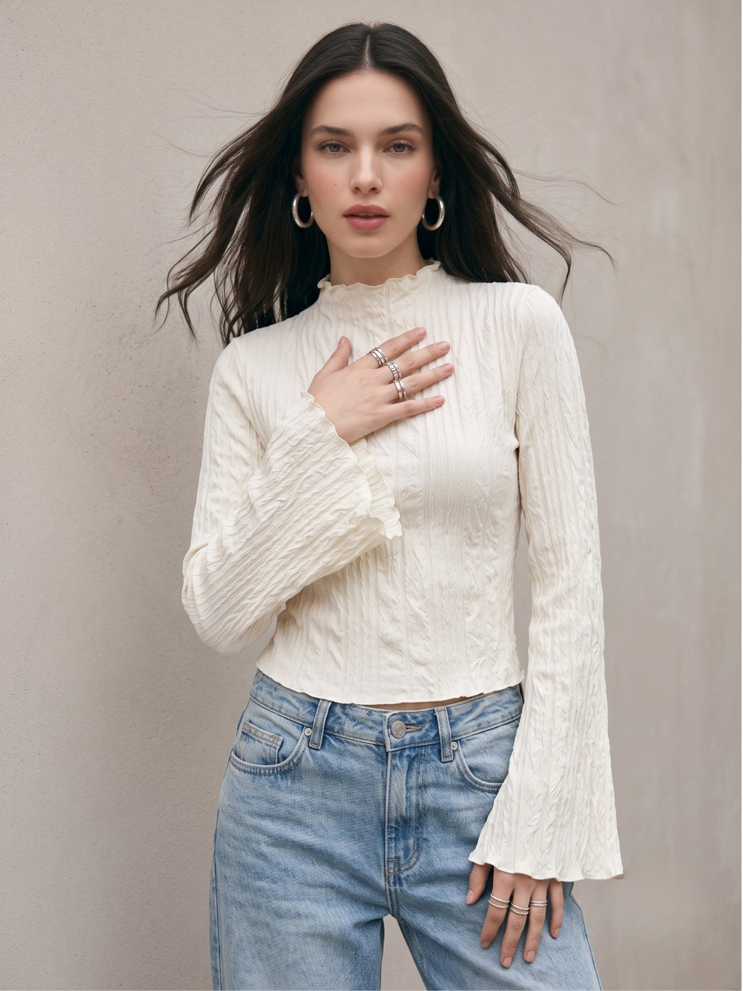 White Textured High Neck Top With Flared Sleeves