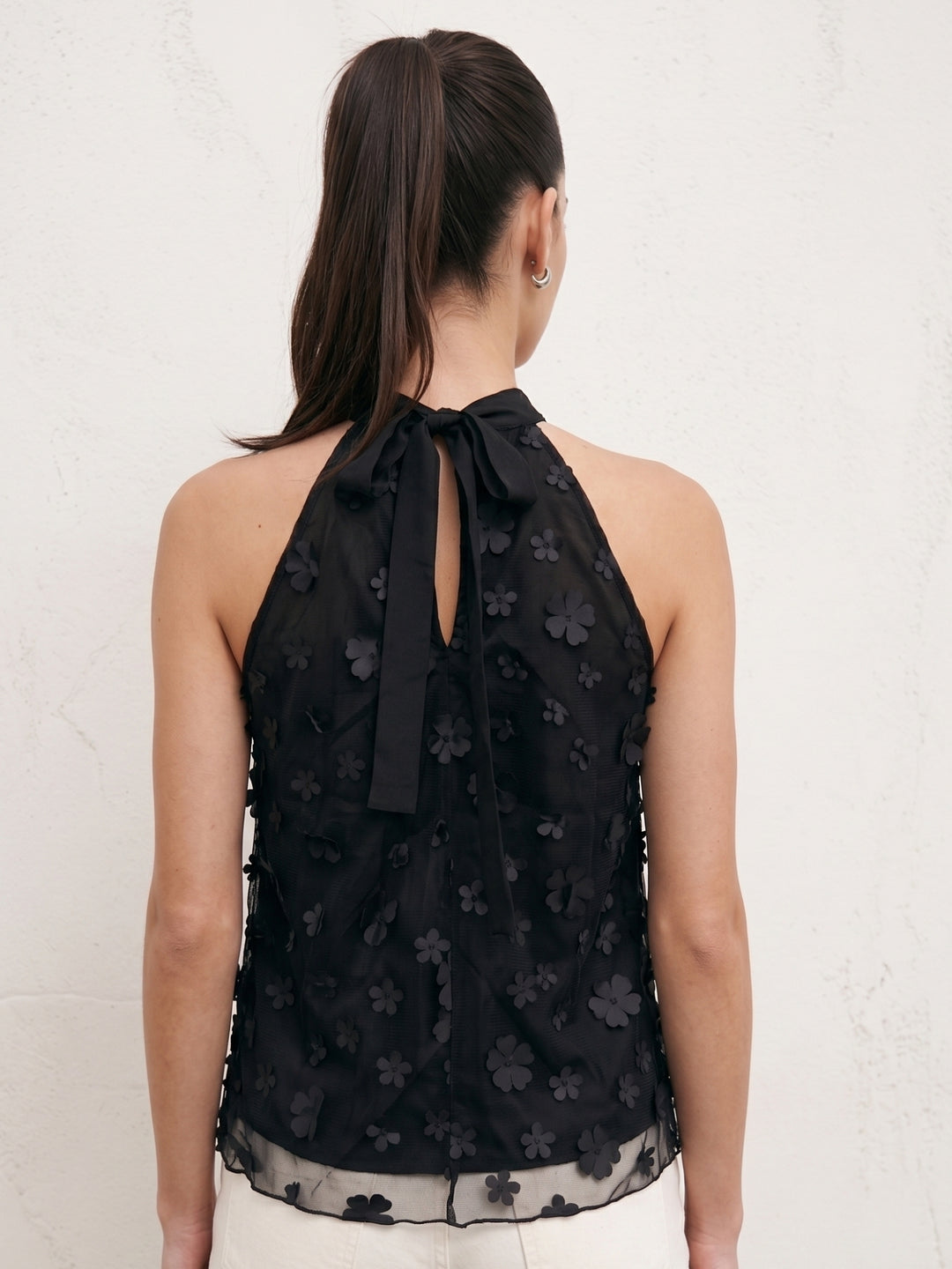 Black Halter Neck Floral Applique Top