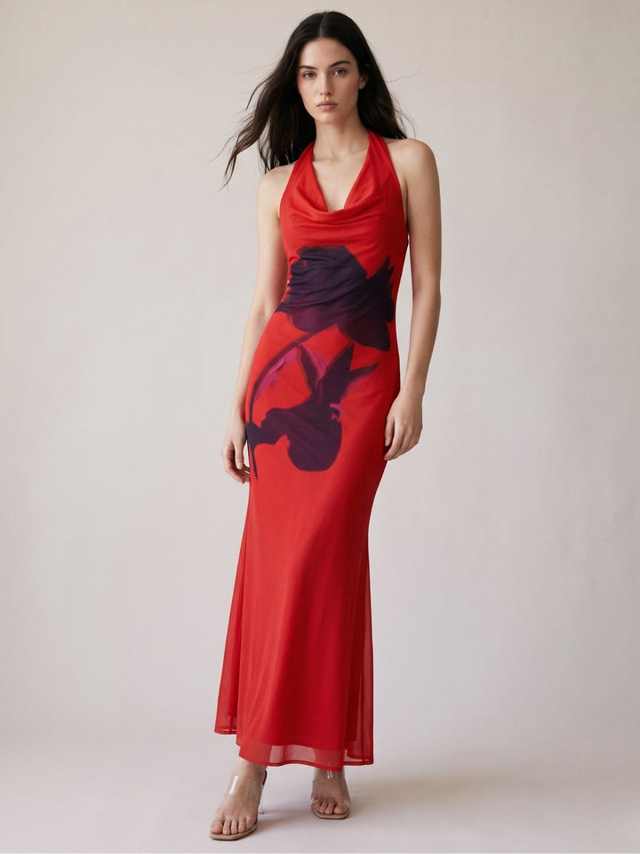 Red Halter Cowl Neck Printed Dress