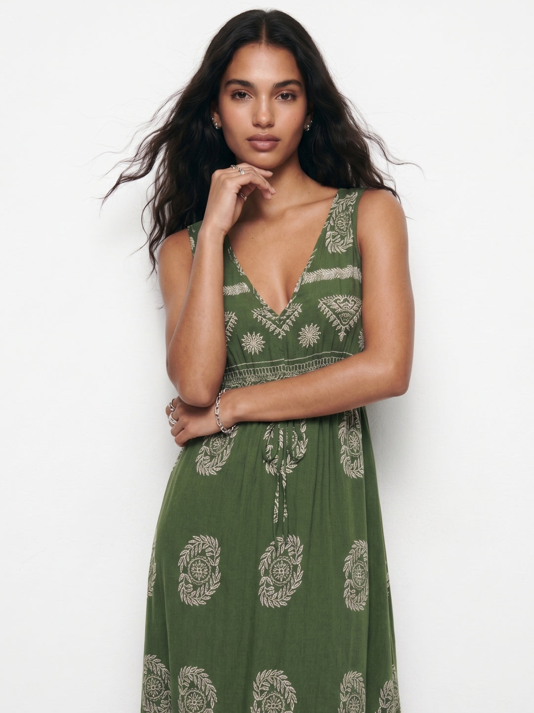 Olive Sleeveless V Neck Printed Dress