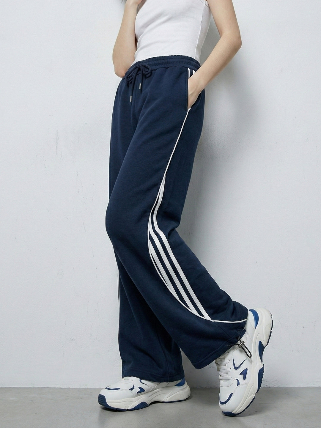 Navy Blue Side Seam Detailing Wide Leg Pant