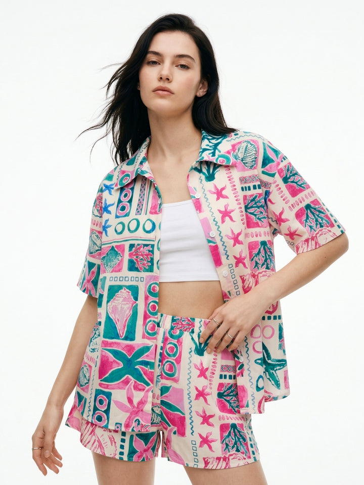 multi Printed Oversized Shirt And Shorts Co-Ord Set