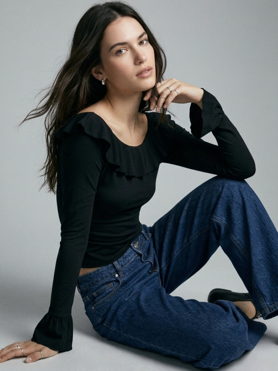 Black Ruffle Sleeve Boat Neck Top