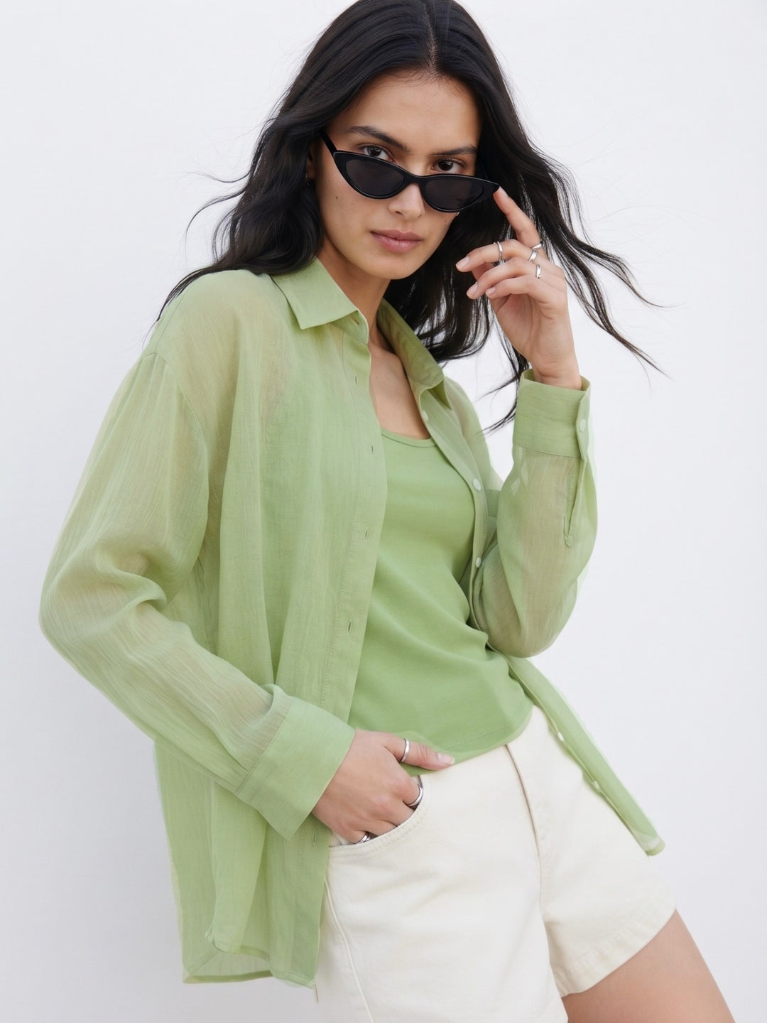 Green Full Sleeve 2Piece Semi Sheer Shirt With Top