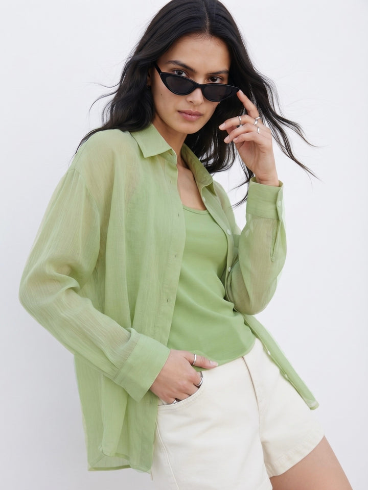 Green Full Sleeve 2Piece Semi Sheer Shirt With Top
