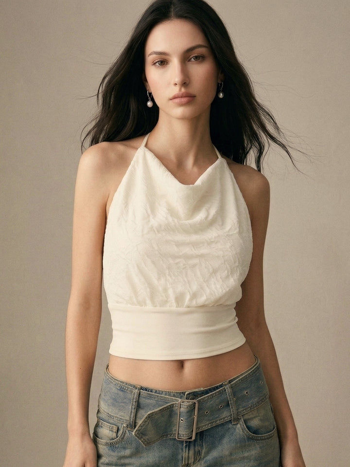 Cream Halter Cowl Neck Top
