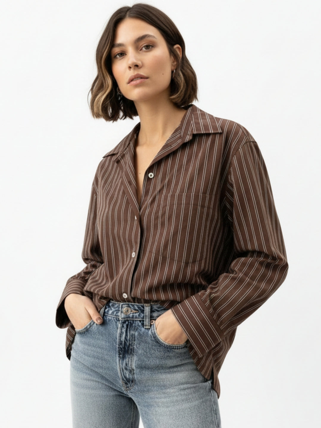 Brown Striped Oversized Single Pocket Shirt