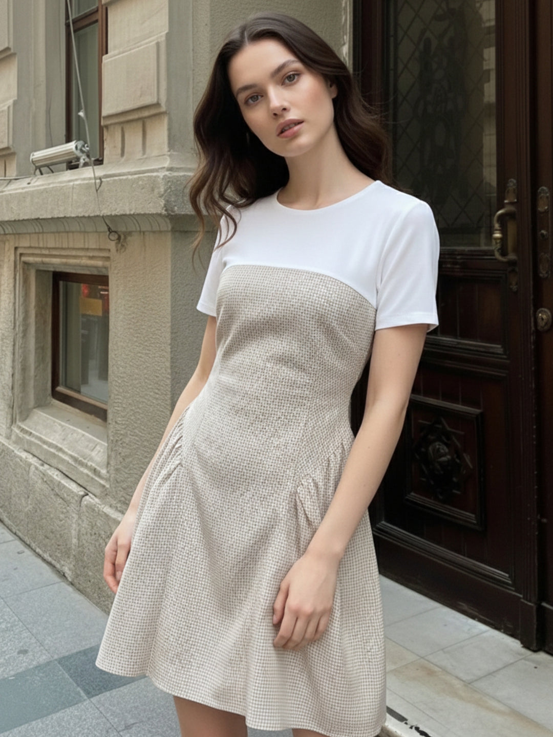 Multi Mini check dress with flared skirt.