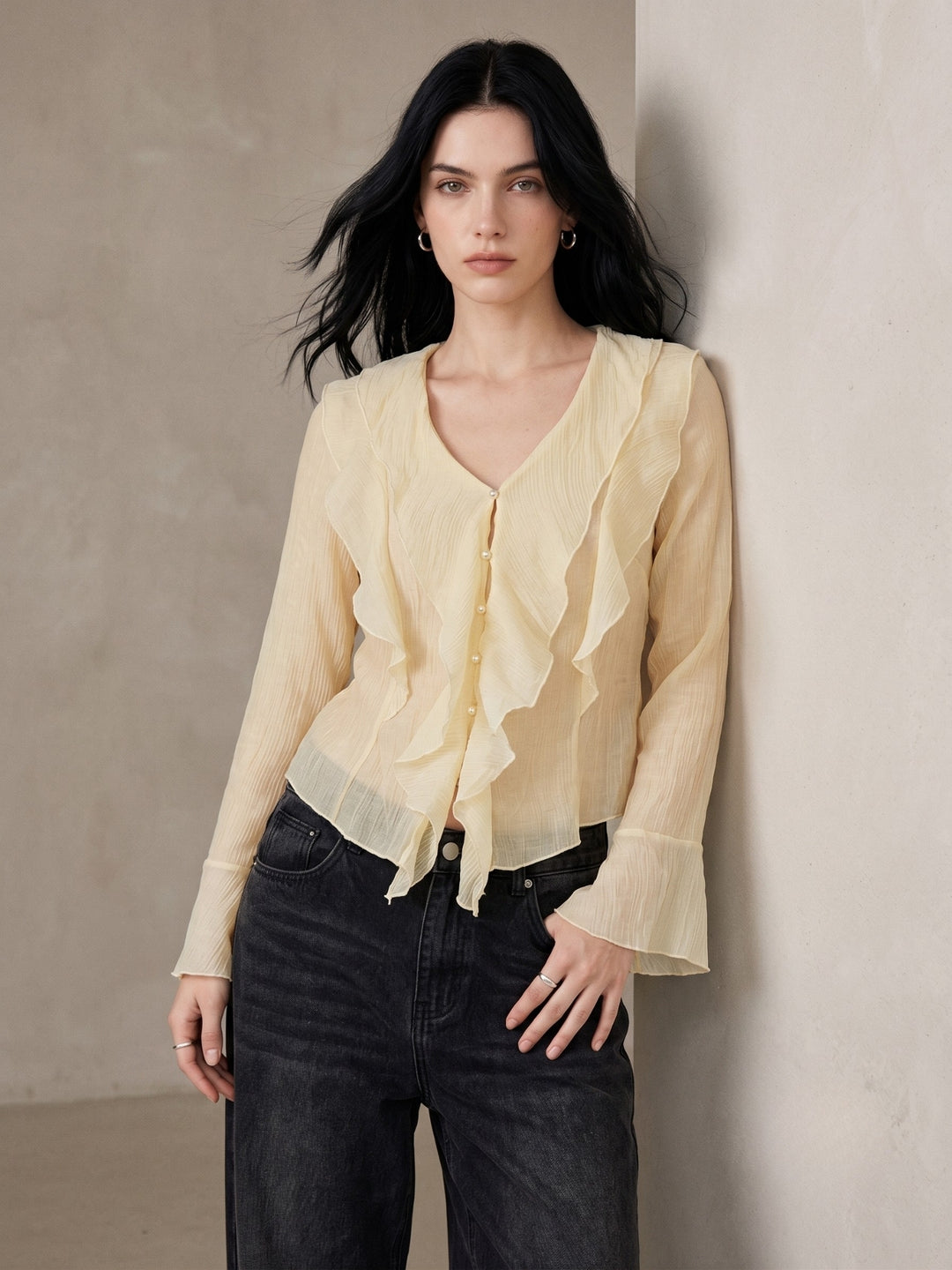 Yellow Button Down Detailed Blouse With Ruffles