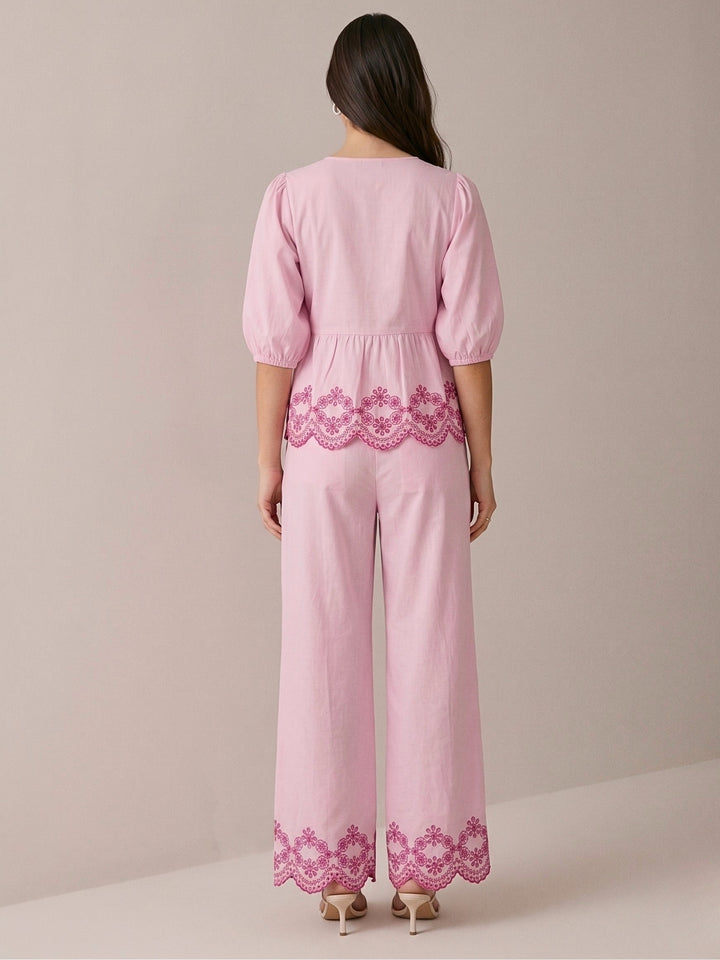 Pink Contrast Schiffli With Regular Fit Shirt Paired With Wide Leg Trouser