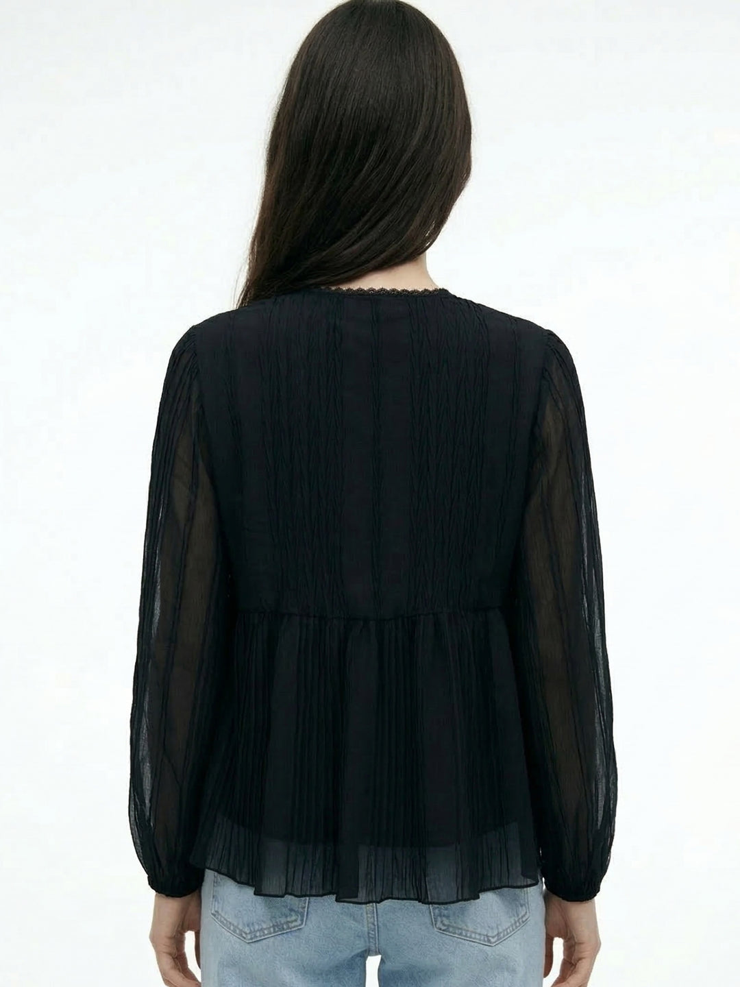 Black Empire Waist Line Lace Detail Sheer Top