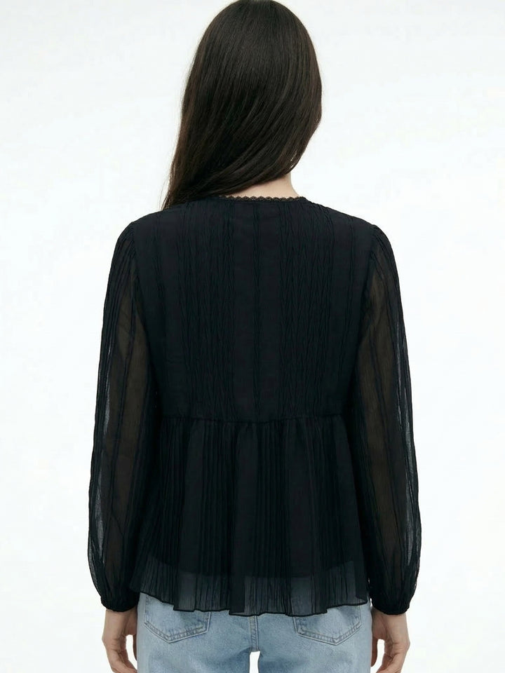 Black Empire Waist Line Lace Detail Sheer Top