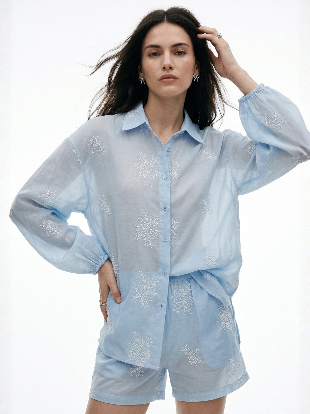 Blue Bishop Sleeve Collared Sheer Shirt And Shorts Set