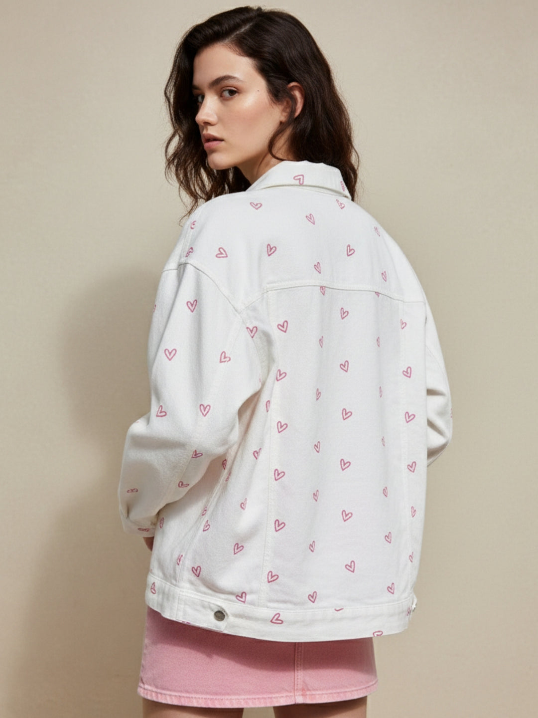 Cream All Over Heart Printed Jacket