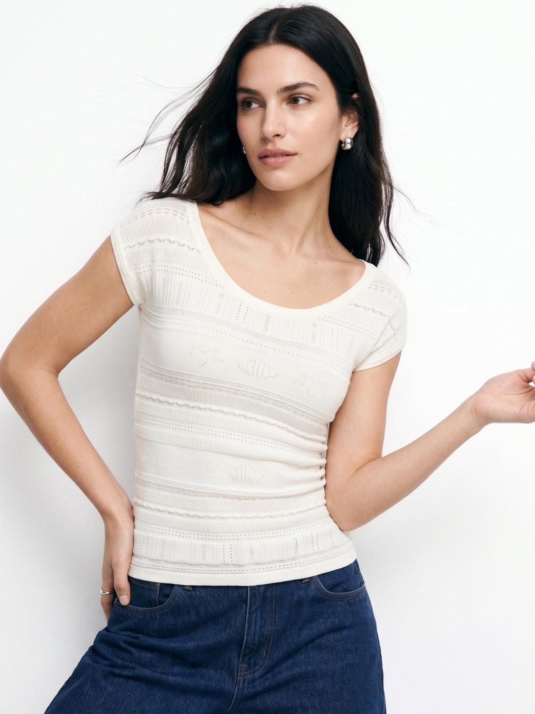 Off White Round Neck Crochet Styled Top