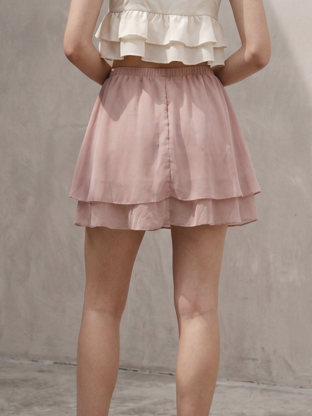 Beige Elasticated Waistband With Tiered Hem