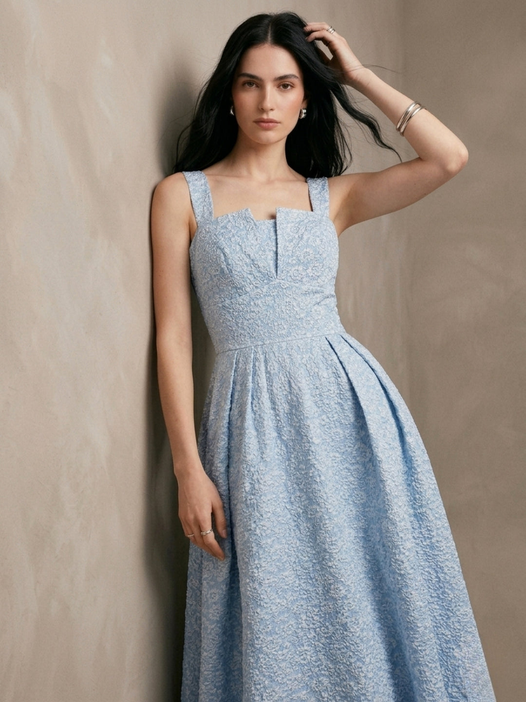 Light Blue Shoulder Strap Textured Dress