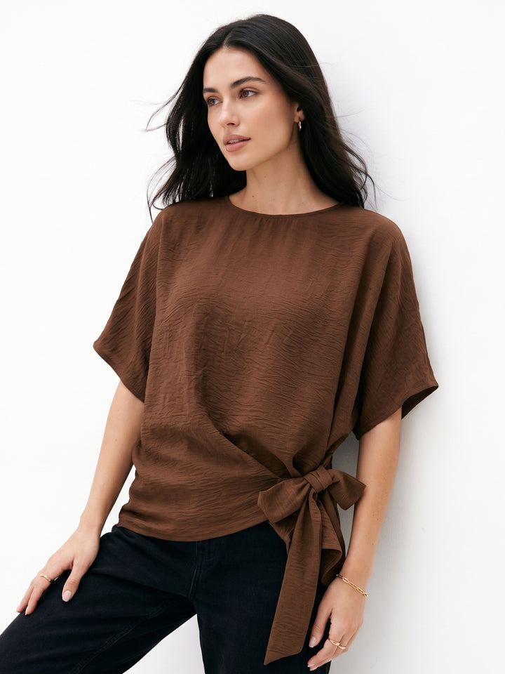 Brown Waist Tie-Up Crew Neck Tops