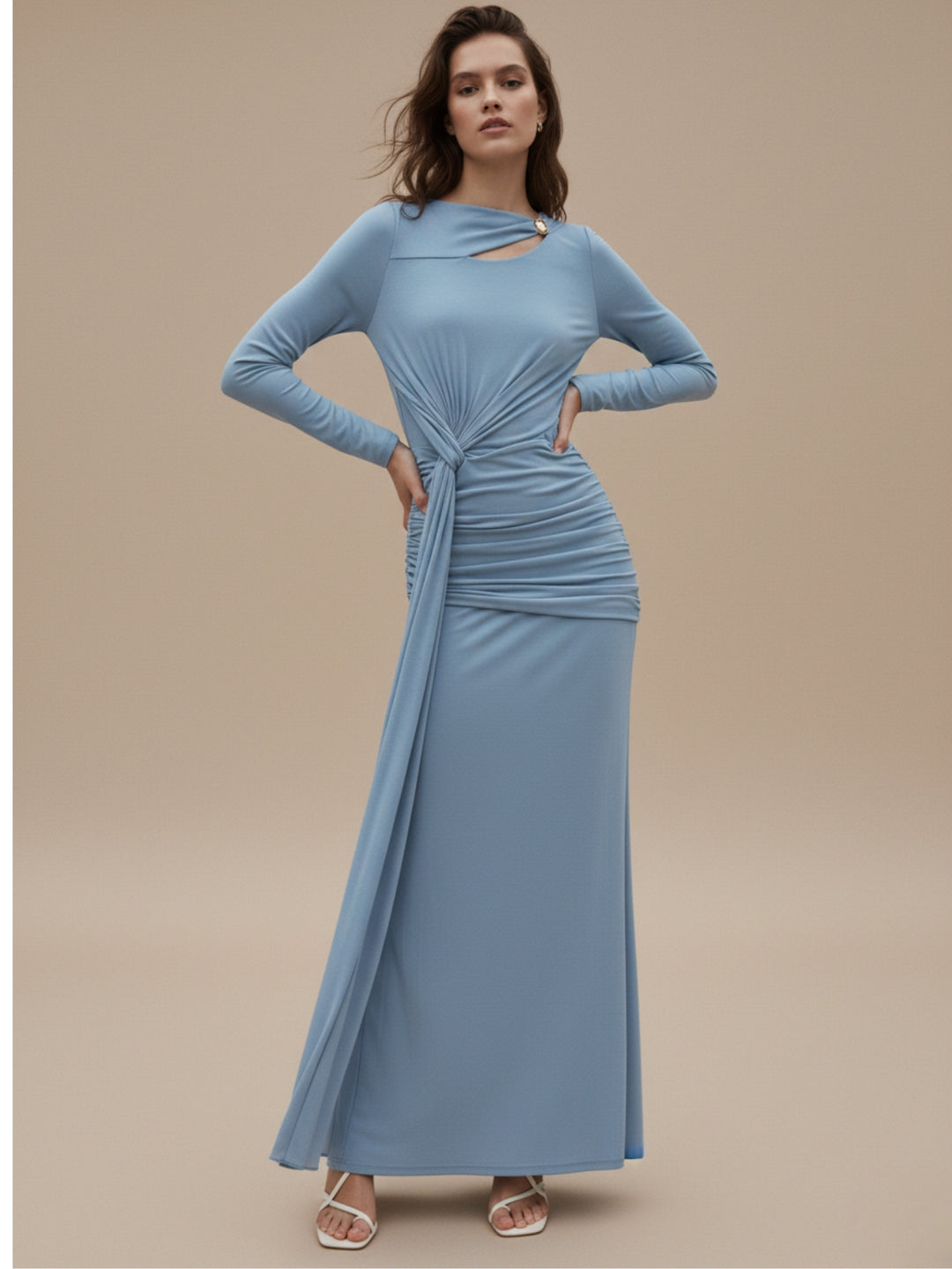 Blue Full Sleeve Waist Tie-Up Neck Detail Dress