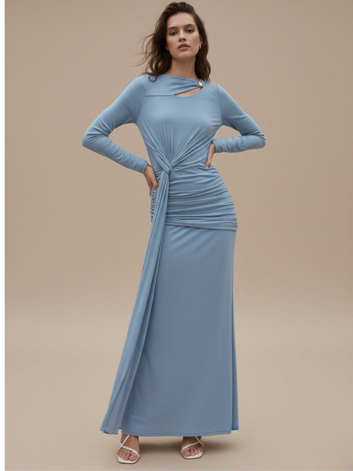 Blue Full Sleeve Waist Tie-Up Neck Detail Dress