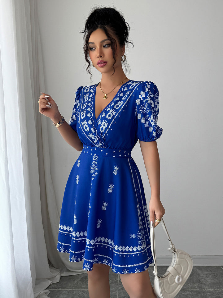 White Printed V-Neck Dress