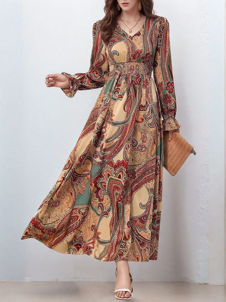 Brown Bishop Sleeve V Neck Printed Dress