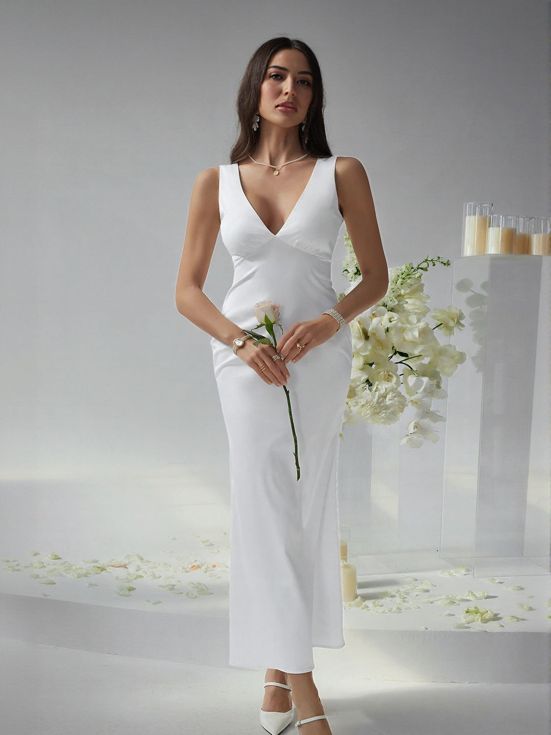 White V Neck Fitted Maxi Dress