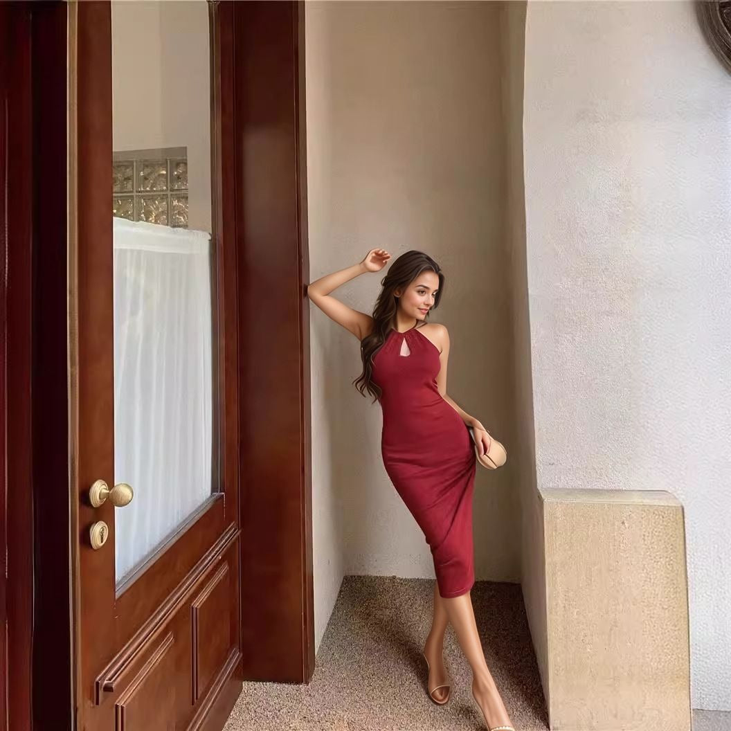 Solid Red Keyhole Neck Dress