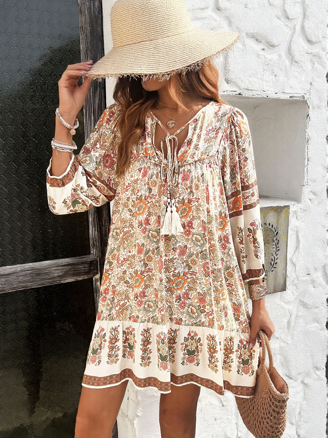 White Boho Printed Mini Dress