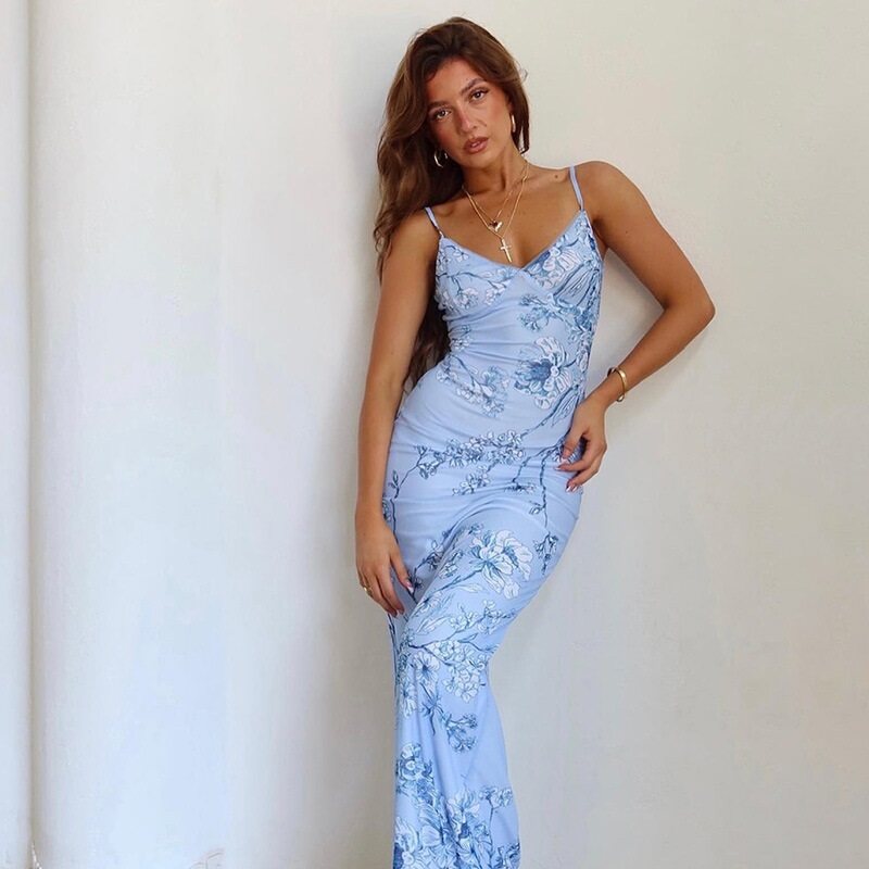 Blue Floral Print Slip Dress