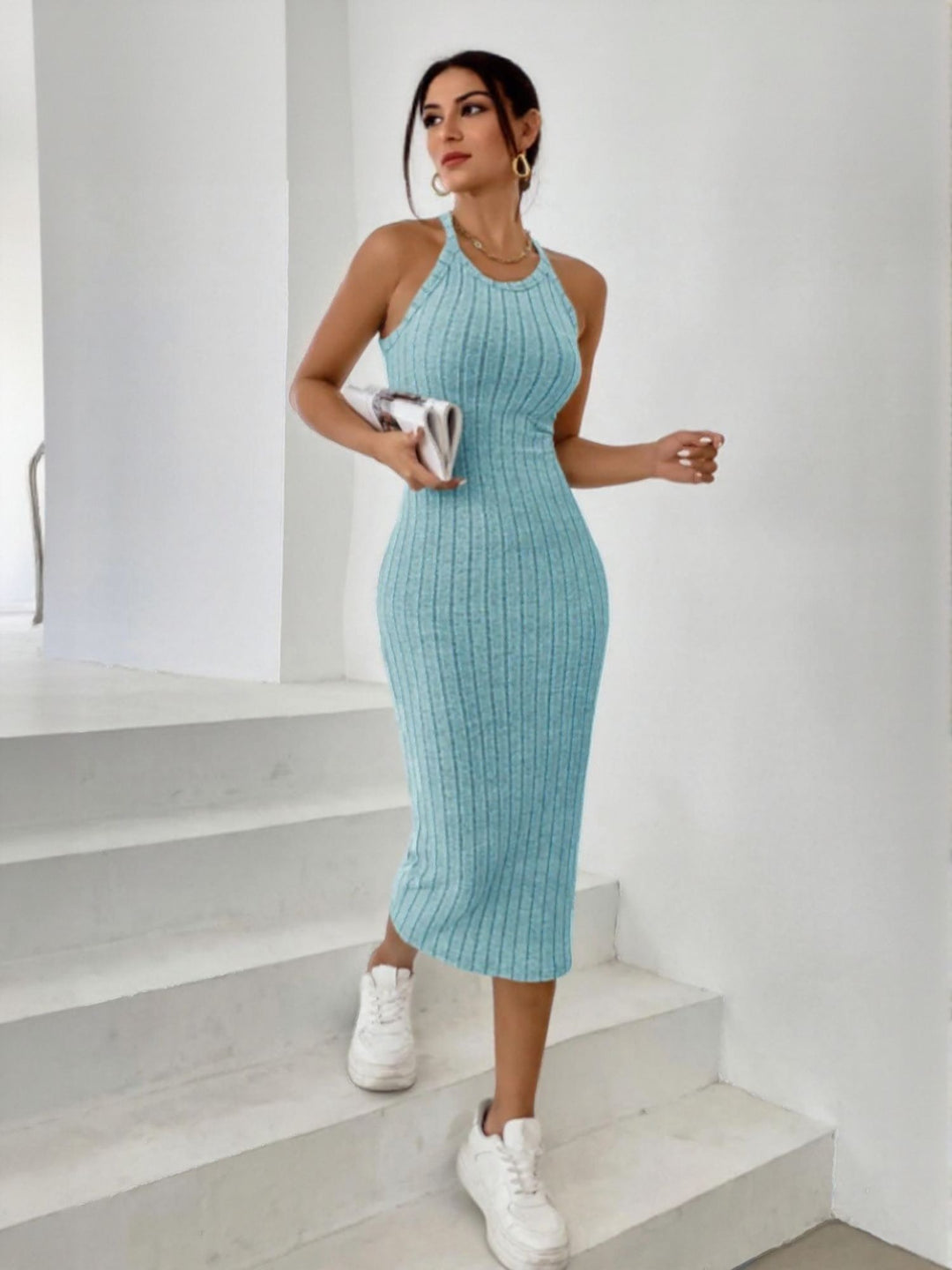 Blue Halter Neck Bodycon Midi Dress