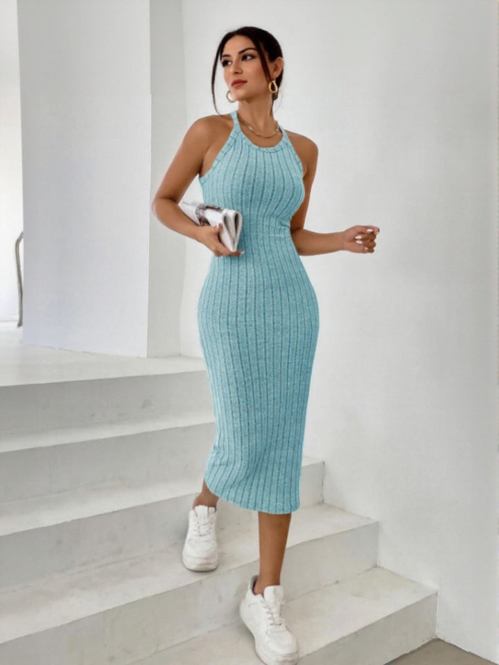 Blue Halter Neck Bodycon Midi Dress