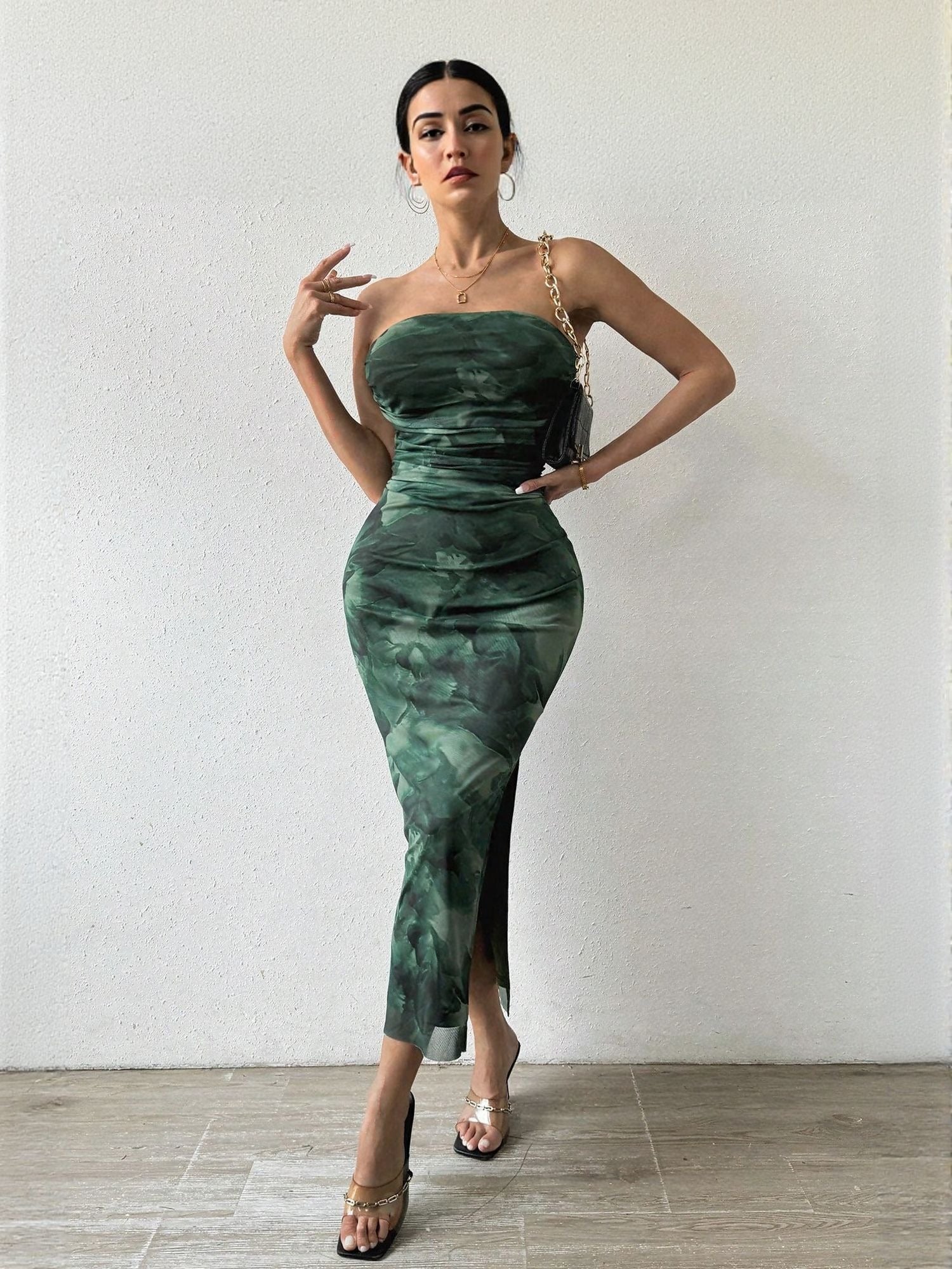 Green Digital Print Mesh Tube Dress
