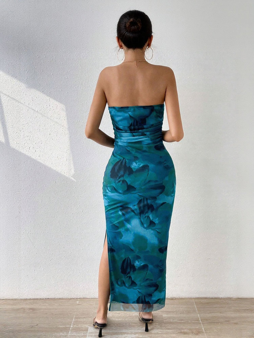 Blue Digital Print Mesh Tube Dress