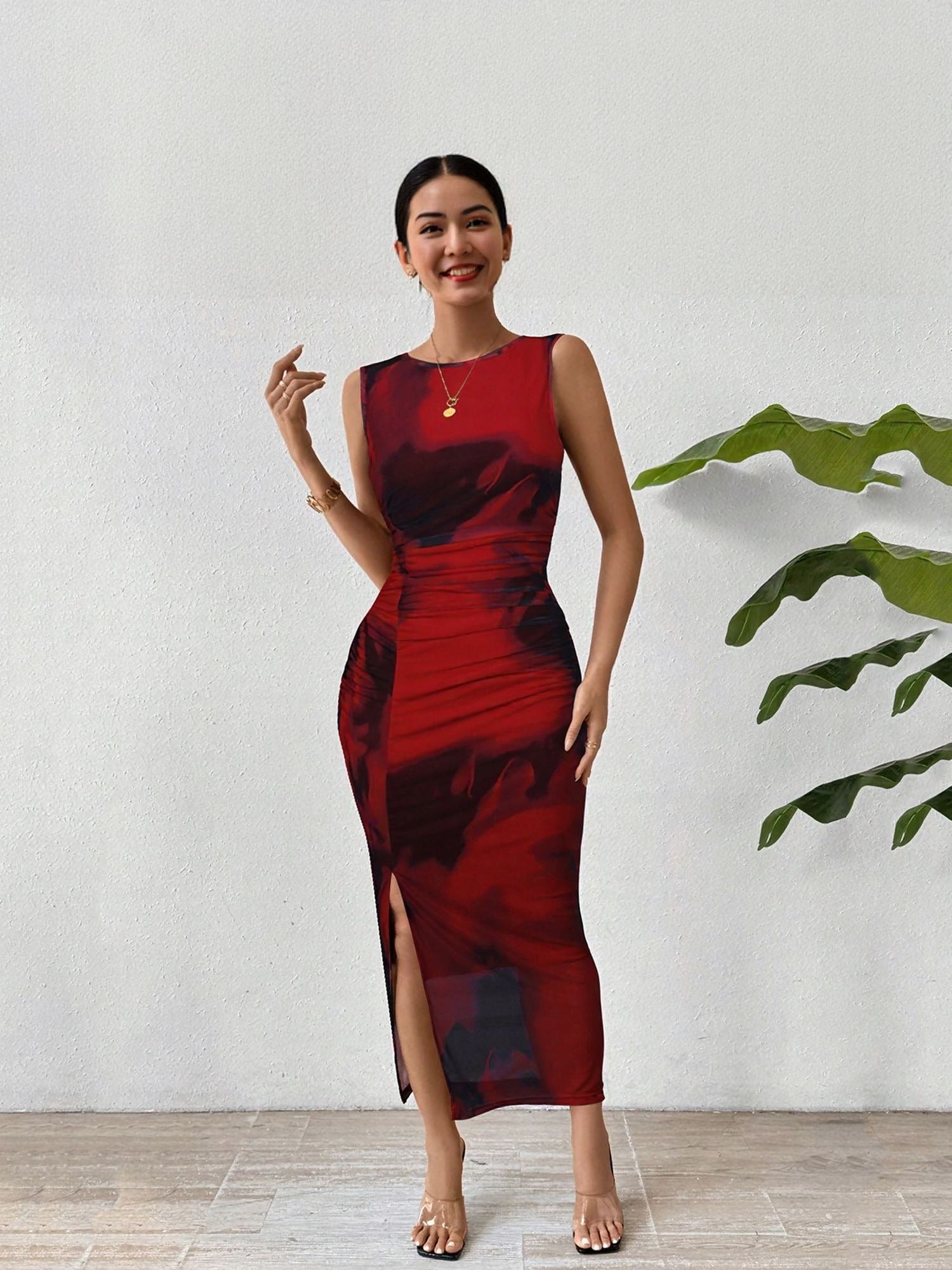 Red Fitted Midi Dress With Side Ruching Detail