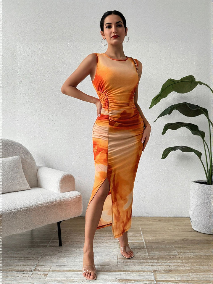 Orange Fitted Midi Dress With Side Ruching Detail
