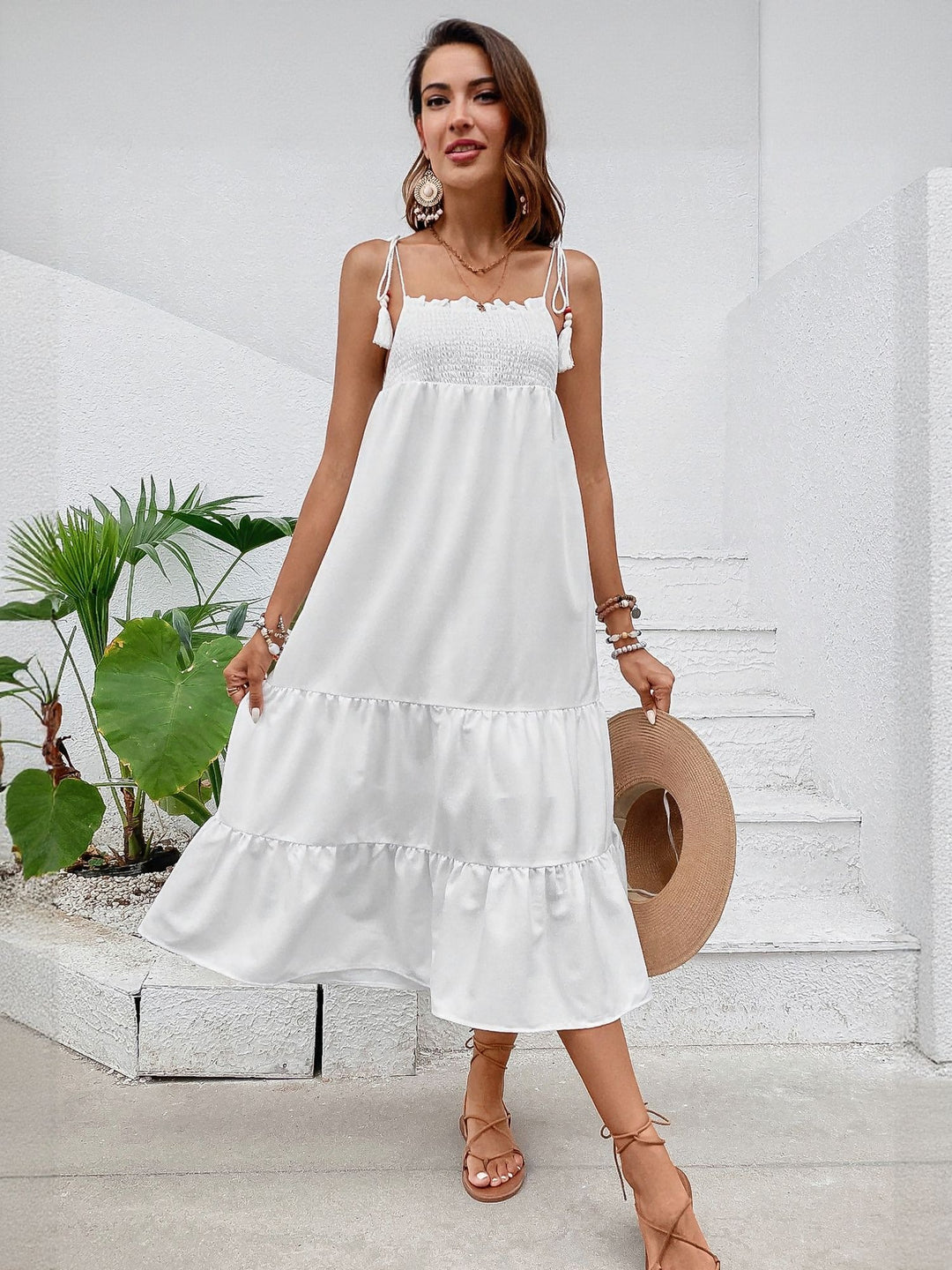 White Strappy Tie Up Midi Dress
