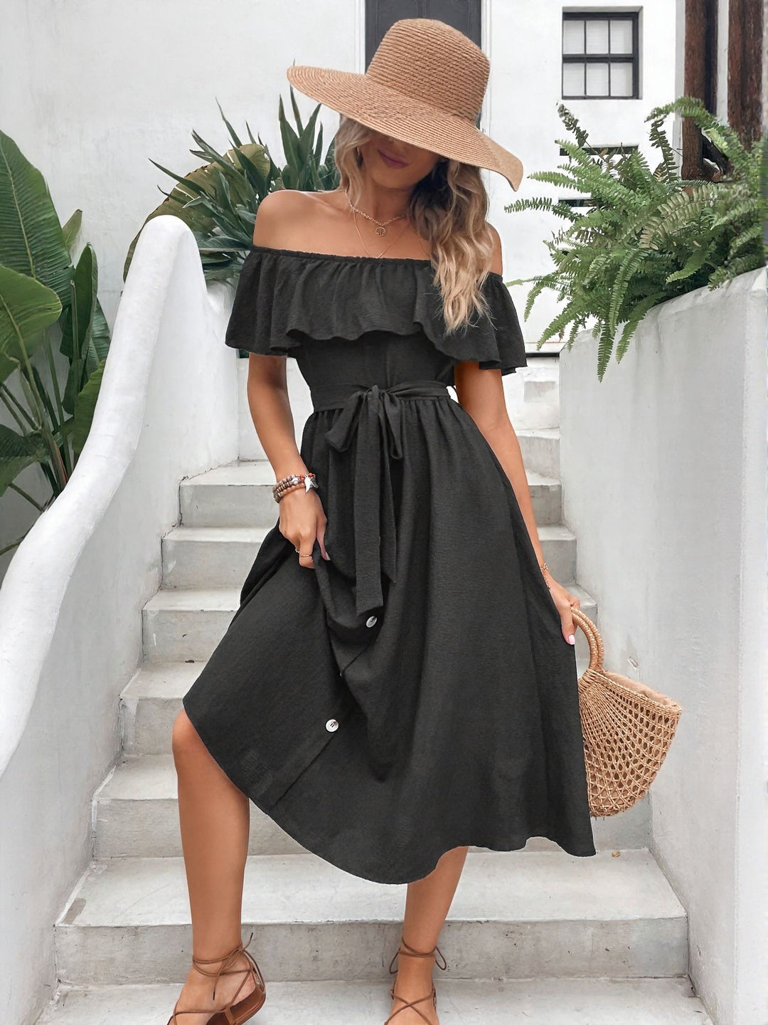 Black Off Shoulder Front Button Down Flared Dress
