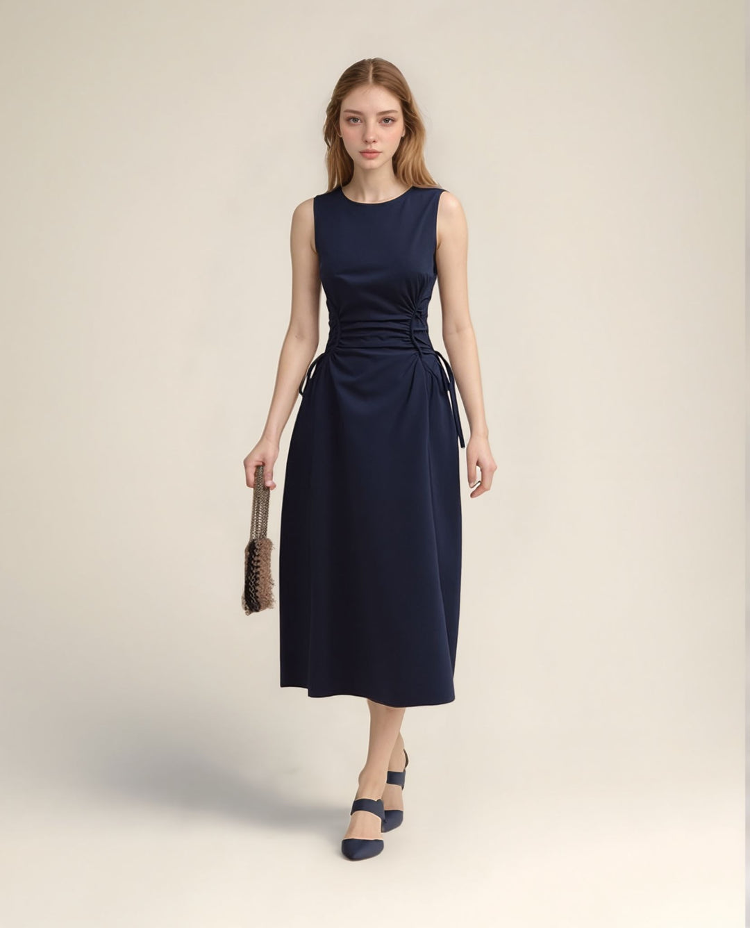 Navy Blue Midi Dress With Exaggerated Waist Detail