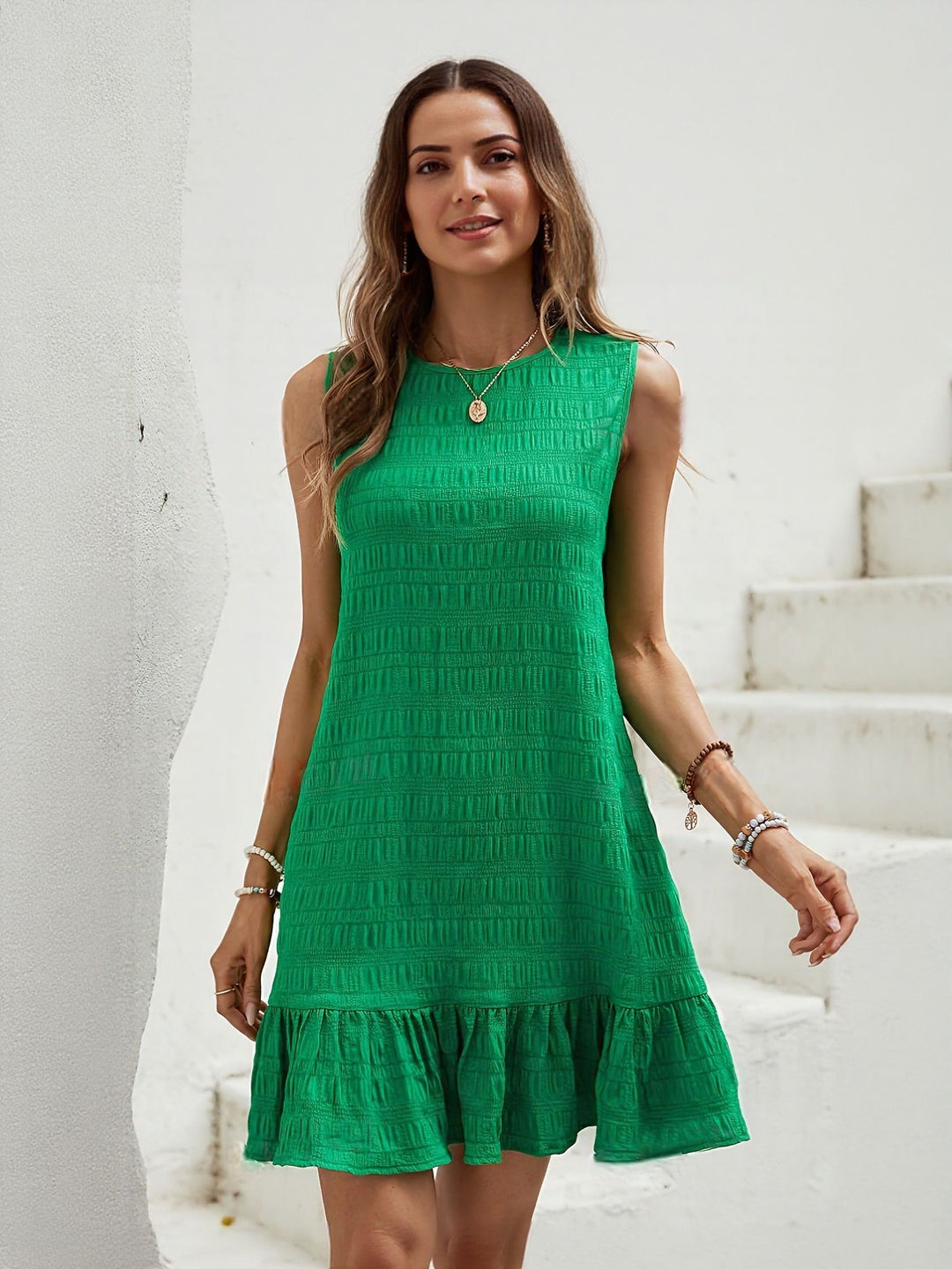 Green Aline Mini Dress With Ruffle At Hem
