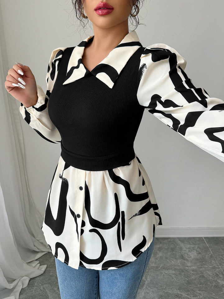 Black Printed Contrast Full Sleeved Top