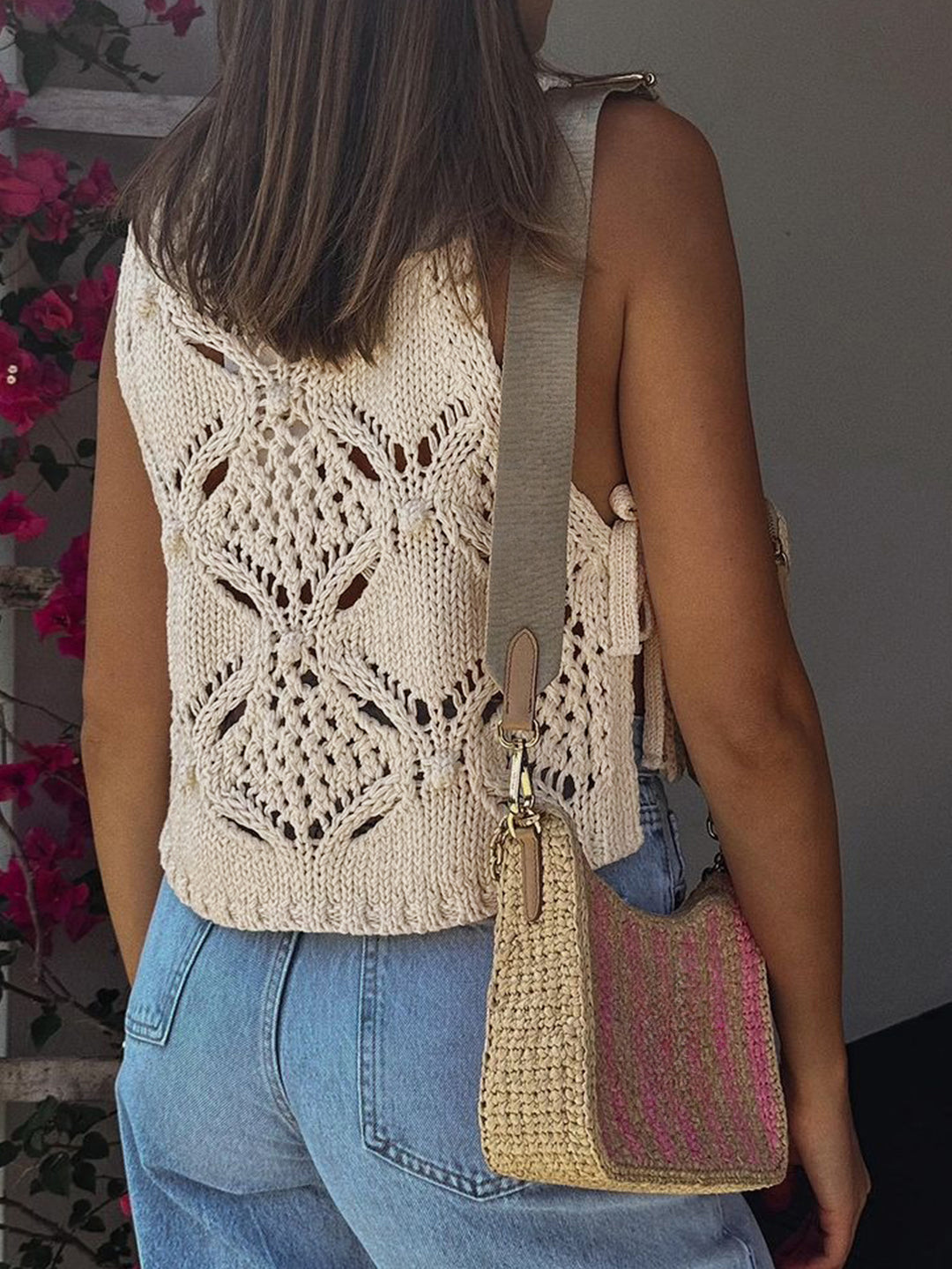Cream Half Sleeved Crochet Knit Top