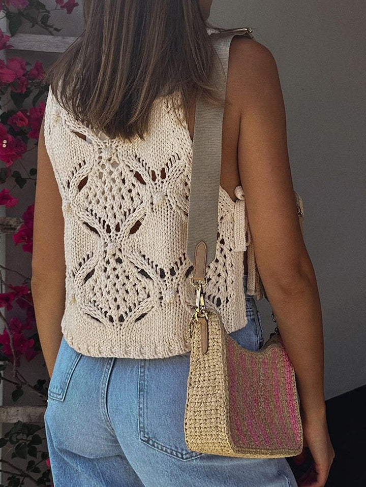 Cream Half Sleeved Crochet Knit Top