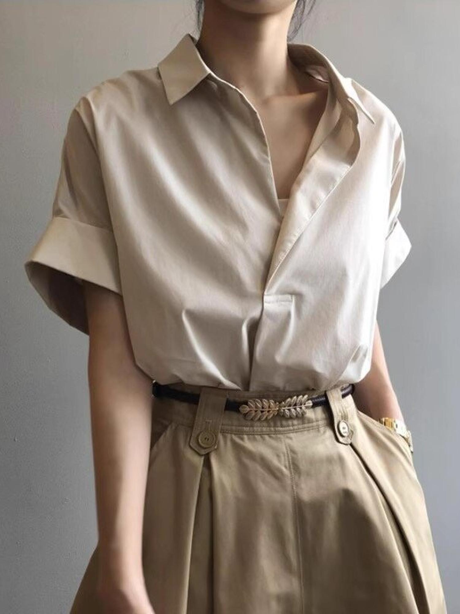Beige Boxy Shirt With Rolled Short Sleeves